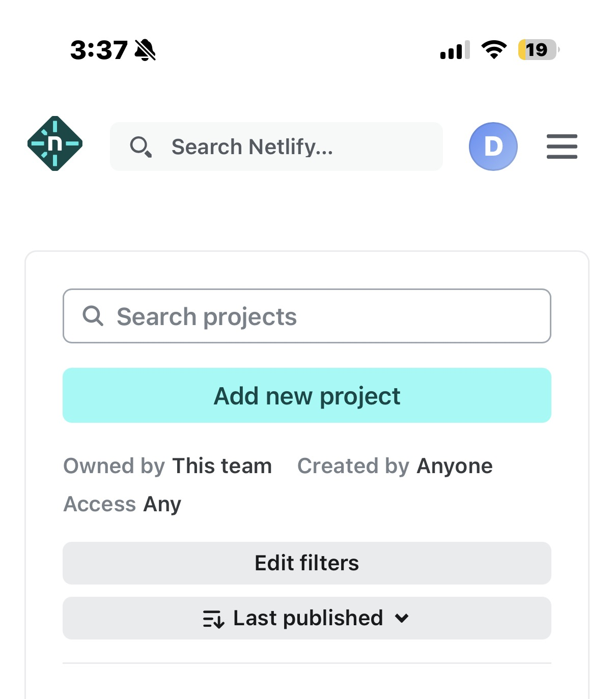 The Netlify dashboard on a phone, showing the Add new project button