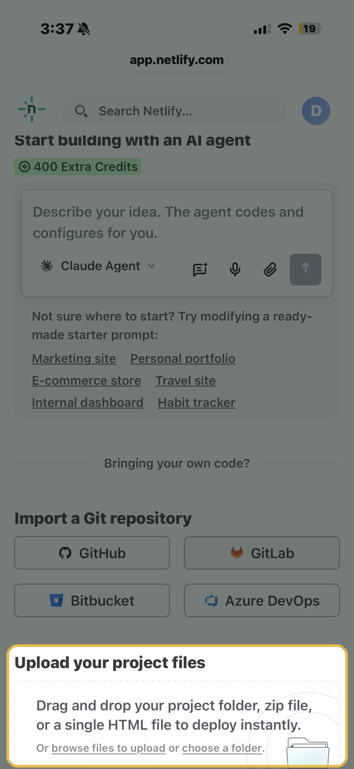 Netlify's new project screen with the upload area highlighted at the bottom