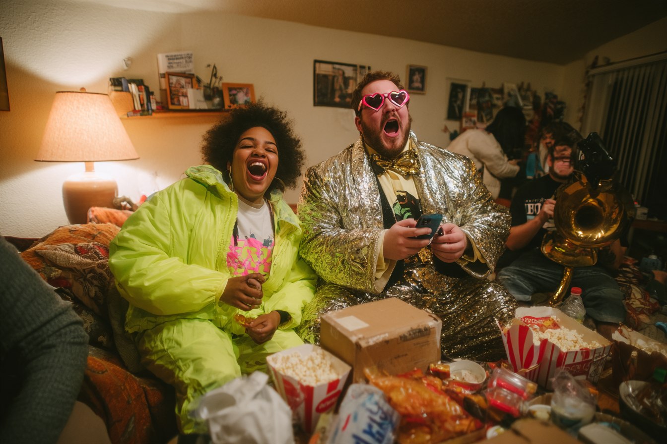 Two people side by side on a couch, both howling with laughter. On the left a woman with a big afro in an enormous neon yellow-green puffer suit, eyes shut, mouth wide open. Next to her a bearded man in a silver sequinned suit and gold bow tie wearing pink heart-shaped sunglasses, mouth open, holding a phone in both hands. The brass bell of a sousaphone sticks into frame on the right. The coffee table in front of them is buried in striped popcorn boxes, chip bags, wrappers and cans, lit by a lamp in the corner.