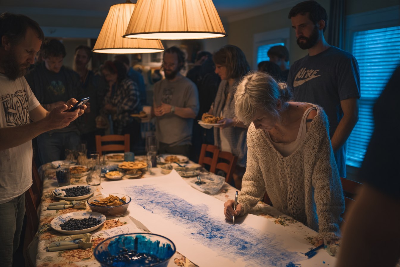 A dining room under two warm lampshades, cold blue light through the blinds behind. A woman in a cream knit sweater leans over a long paper scroll unrolled down the table, drawing wavering blue lines with a pen. A crowd stands watching, one filming on his phone. Bowls of blueberries and a dish of deep blue sit along the table edge.