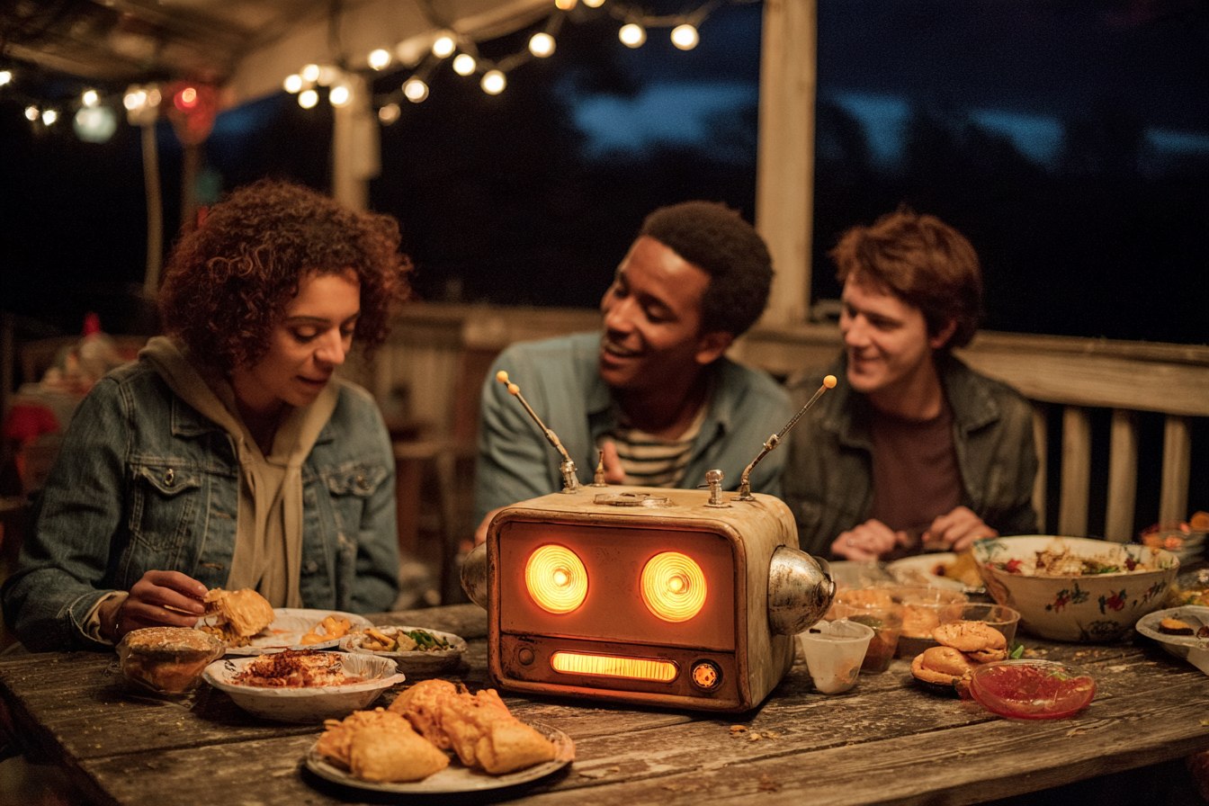 On a back deck under string lights, a small cream-colored radio robot with two glowing orange dials for eyes and two antennae sits on a picnic table. Three guests lean in around it, smiling. Plates of empanadas, burgers and salad crowd the table; the yard beyond is deep blue dark.