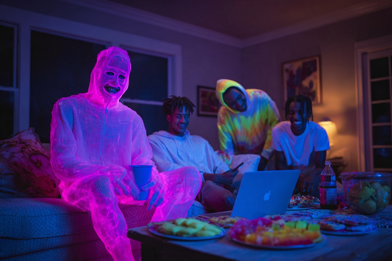 A dark living room flooded with magenta and blue light. A figure in a glowing translucent magenta suit and hood sits on the arm of the couch holding a blue cup. Three friends sit laughing around a laptop, one in a tie-dye hoodie. The table in front holds platters of rainbow-colored food.