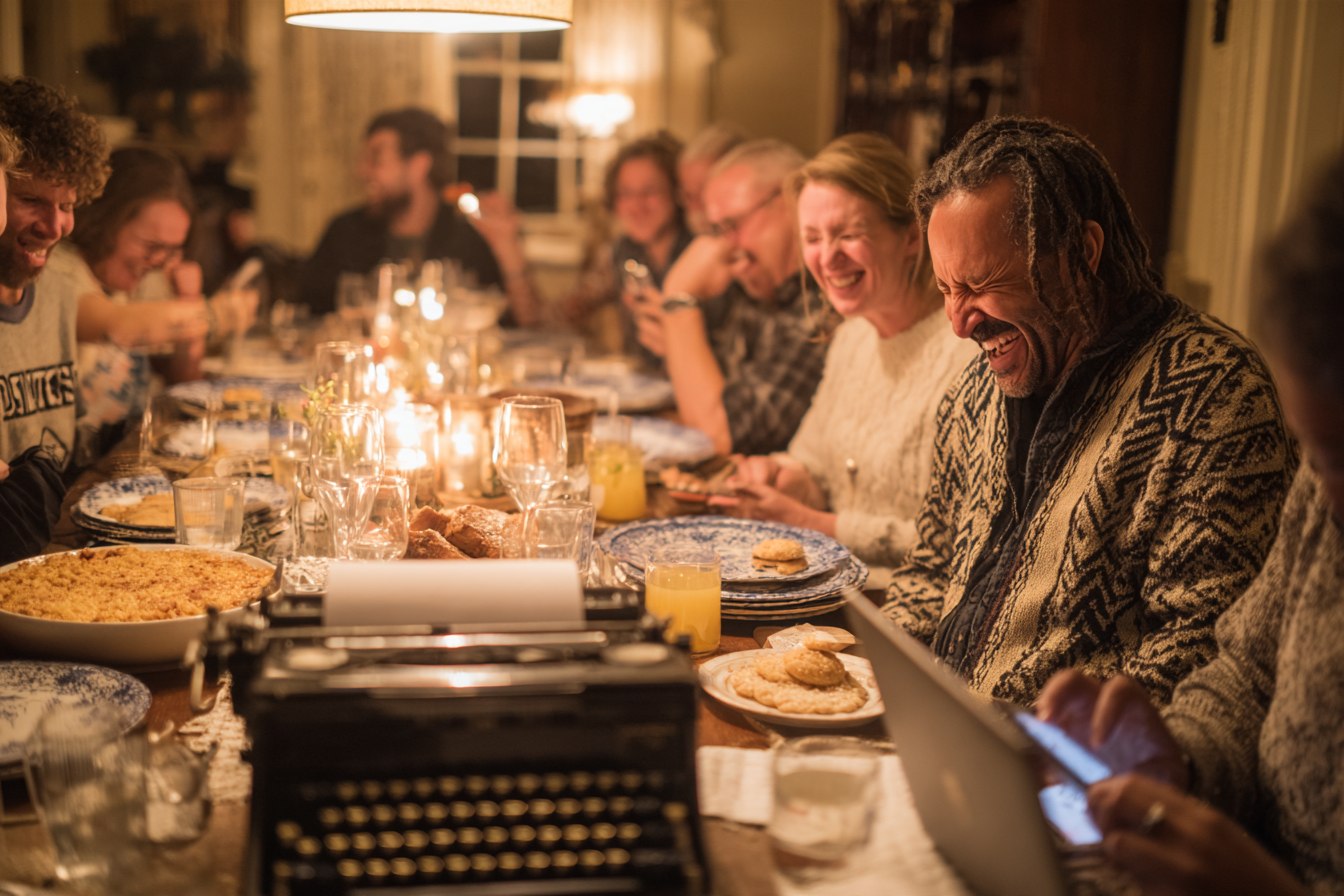 A long dining table under a warm pendant lamp, packed shoulder to shoulder with people laughing. A man with locs in a patterned sweater laughs with his eyes shut. An old black typewriter sits on the table beside a casserole dish, paper still in the roller, with a laptop glowing further down.