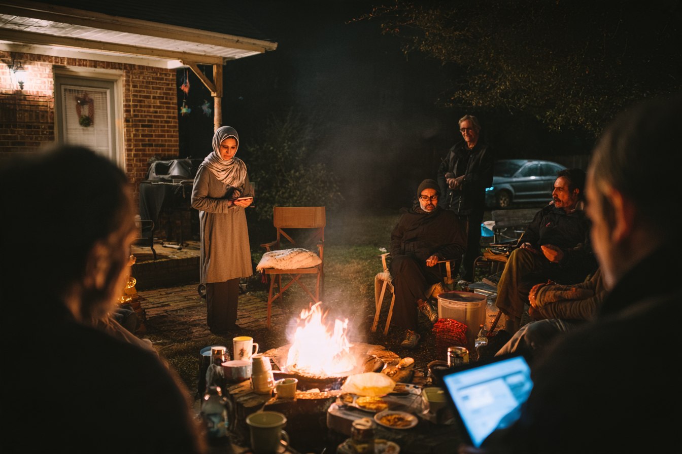 A backyard fire pit at night behind a brick house. A woman in a headscarf stands holding a tablet, lit by the fire. Guests sit in camp chairs around the flames, one listening with his eyes down. Mugs, a thermos and small plates cover a low table in the foreground; a laptop glows blue at the edge of frame.