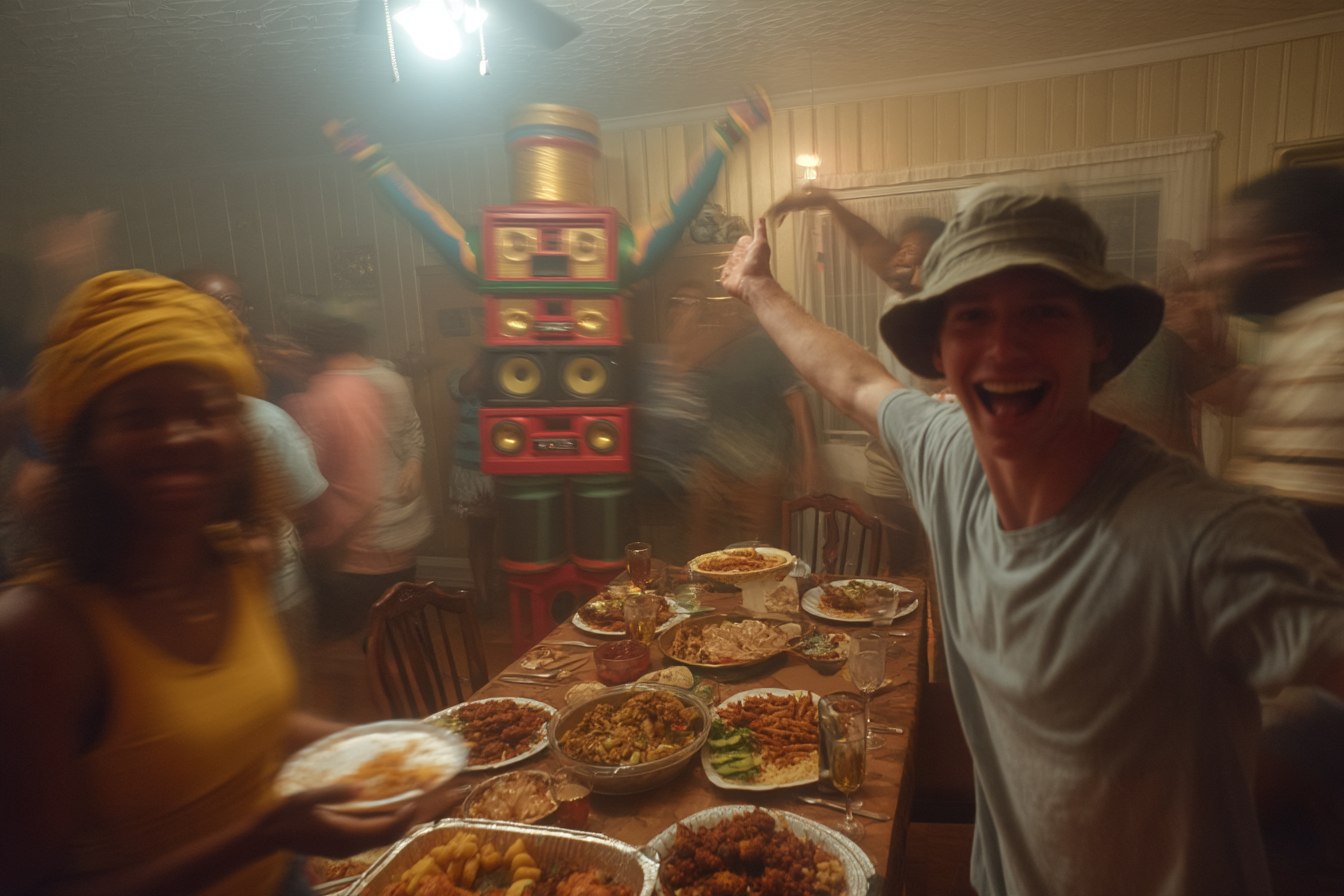 A living room full of blurred dancers. In the middle stands a tower of red and gold speaker cabinets with striped arms raised over the crowd. In the foreground a man in a bucket hat laughs with his arm in the air; a woman in a yellow headwrap holds a plate. A long table of food runs the length of the room.
