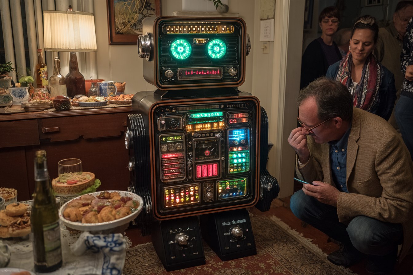 A squat robot built out of old radio parts stands on a patterned rug in a dim dining room: a receiver for a head with two big glowing green dials for eyes, and a chest panel packed with dozens of small red, blue, green and amber meters. A man in a tan corduroy blazer crouches beside it, pushing his glasses up and squinting at his phone. A sideboard behind him is covered in platters, a bowl of fritters and a green beer bottle; two guests watch from the doorway.