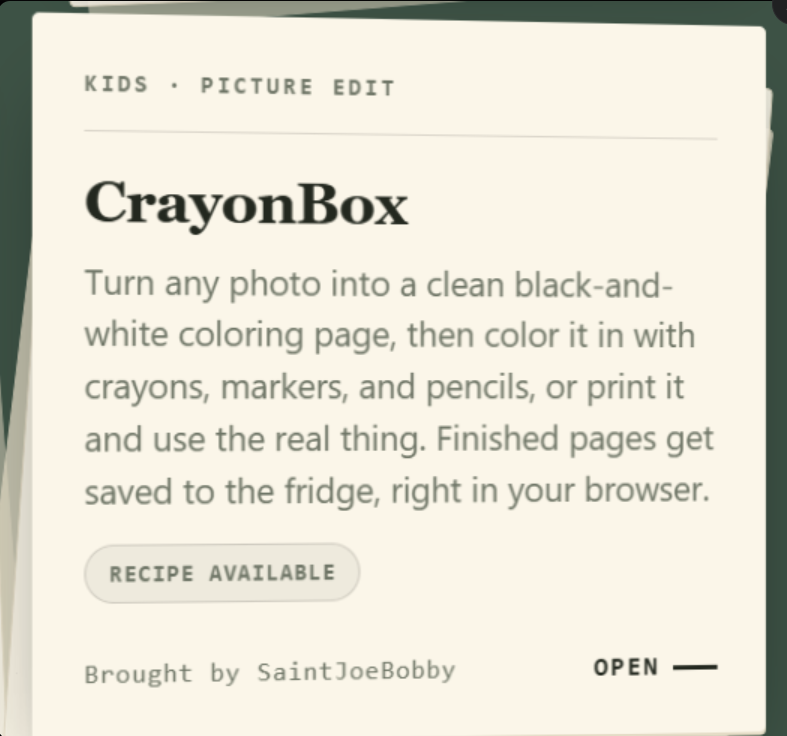 A CrayonBox dish card on Potluck showing a small 'Recipe available' pill