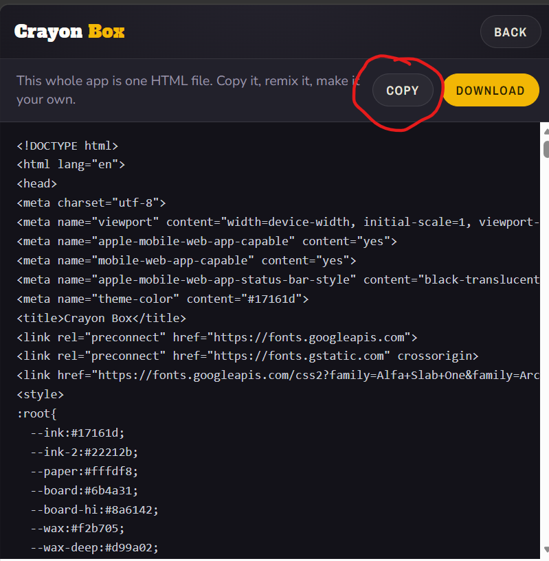 Tapping that button reveals the app's full HTML source, with Copy and Download buttons