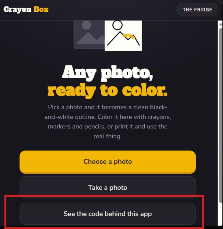 Inside the CrayonBox app, a button reads 'See the code behind this app'